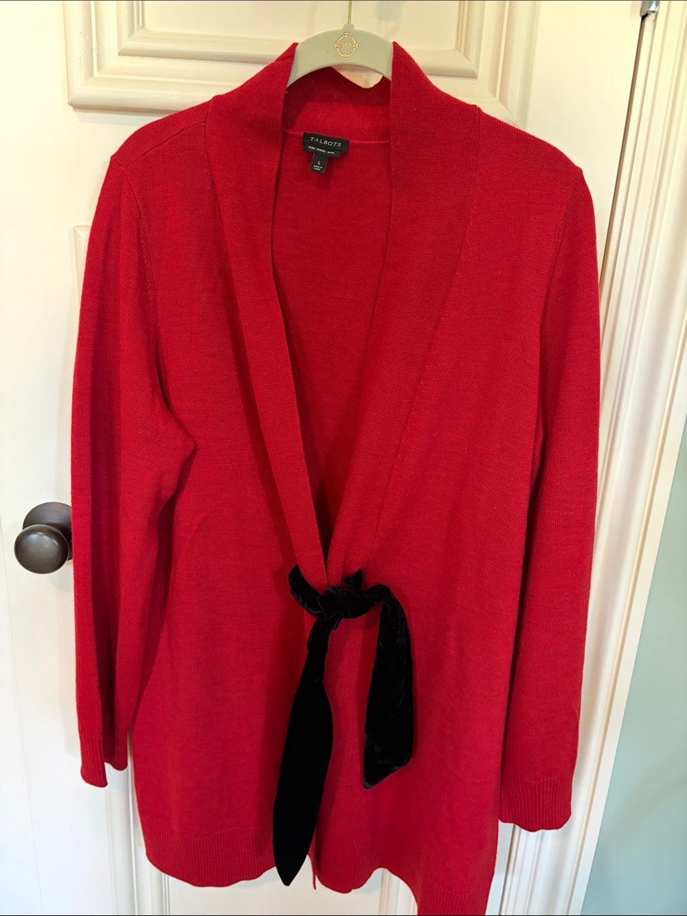 Talbots Red Open-Front Cardigan with Black Velvet Tie